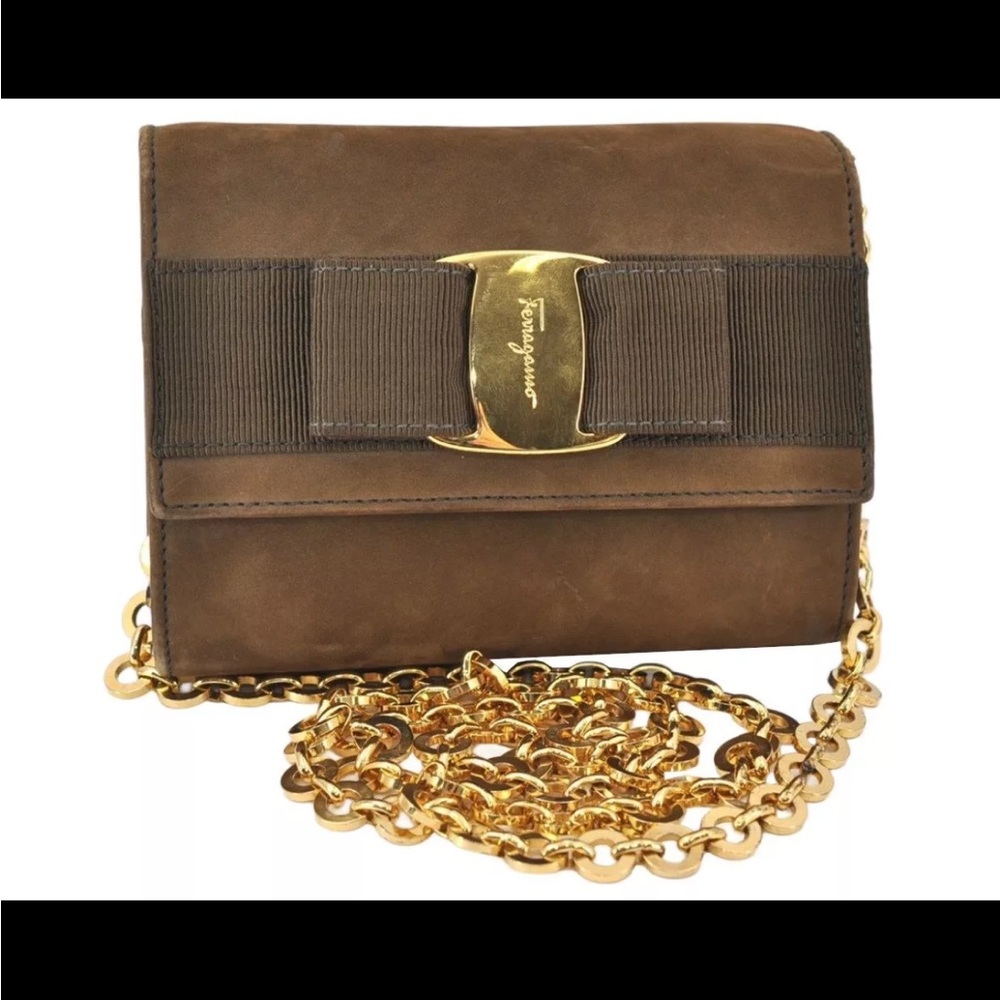 Salvatore Ferragamo Vara Bow Chain Brown Suede Bag Clutch Belt Bag